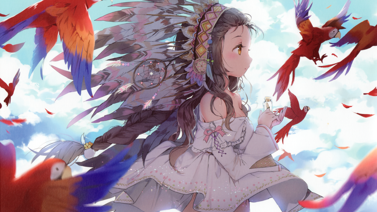 Девушка аниме с красными попугаями