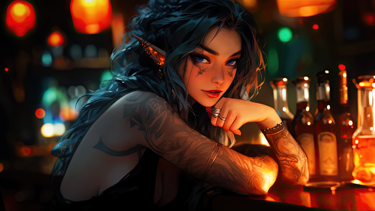 Девушка аниме с татуировками сидит в баре