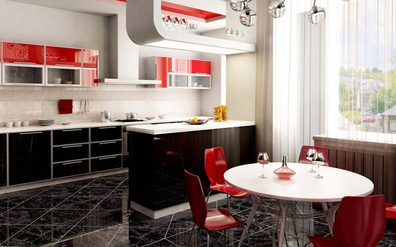 Previous, Interior - The kitchen and dining room / red and black wallpaper