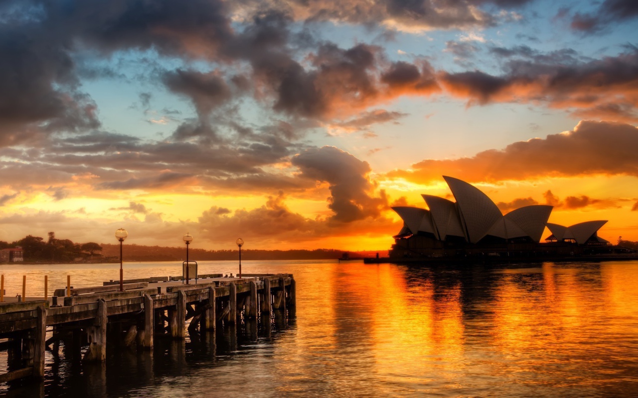 Sydney Opera House on the background of orange sunset
