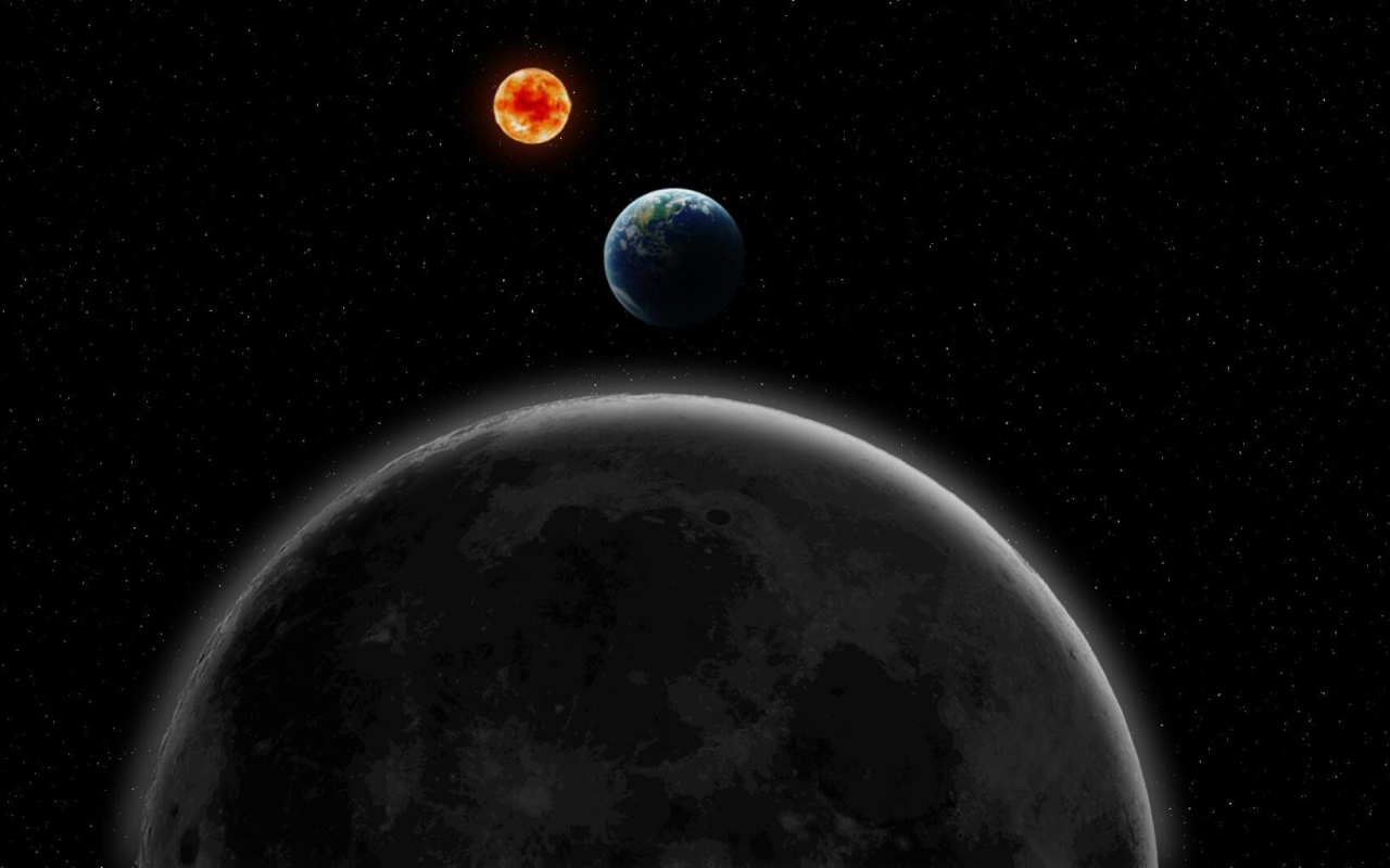Луна, Земля и Солнце на фоне звезд