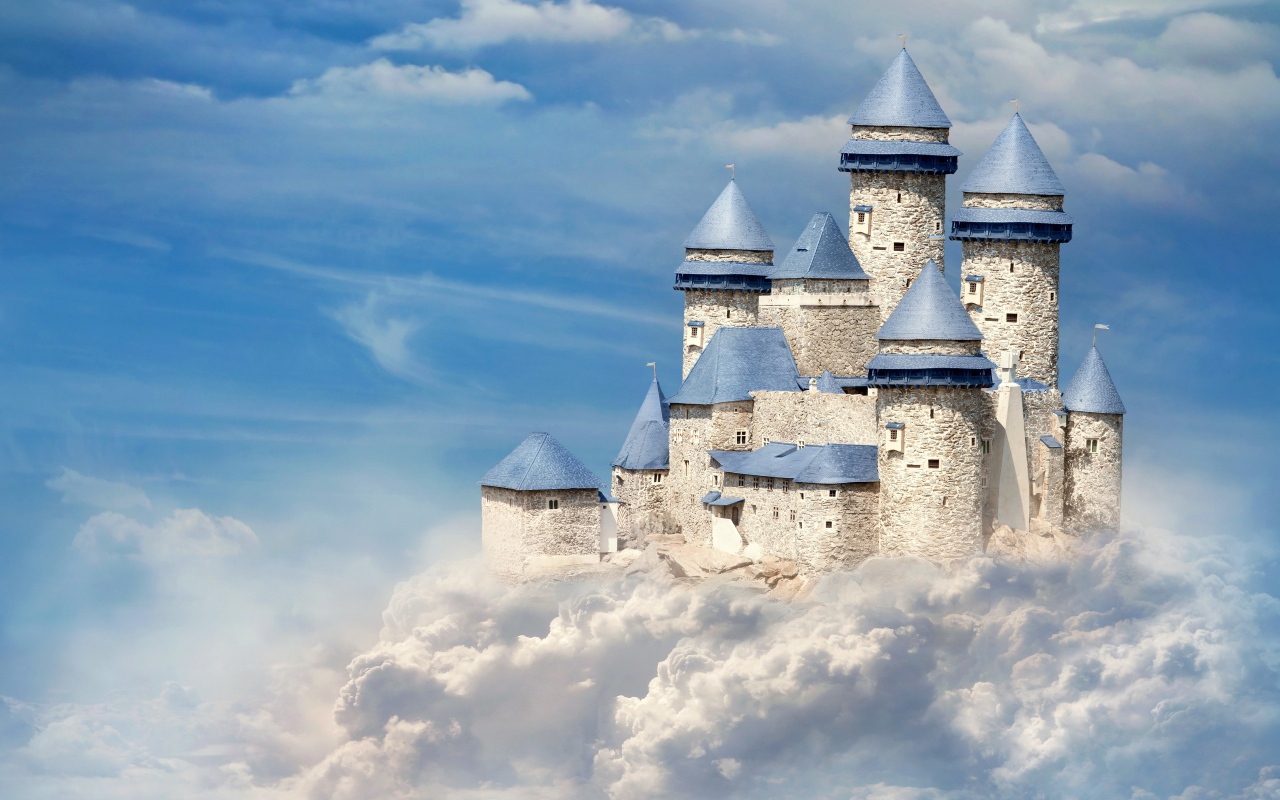 Замок на белых облаках в голубом небе 