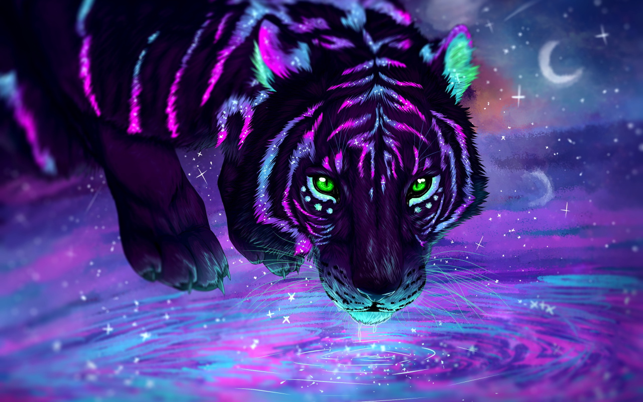 Фантастический неоновый тигр с зелеными глазами у водопоя