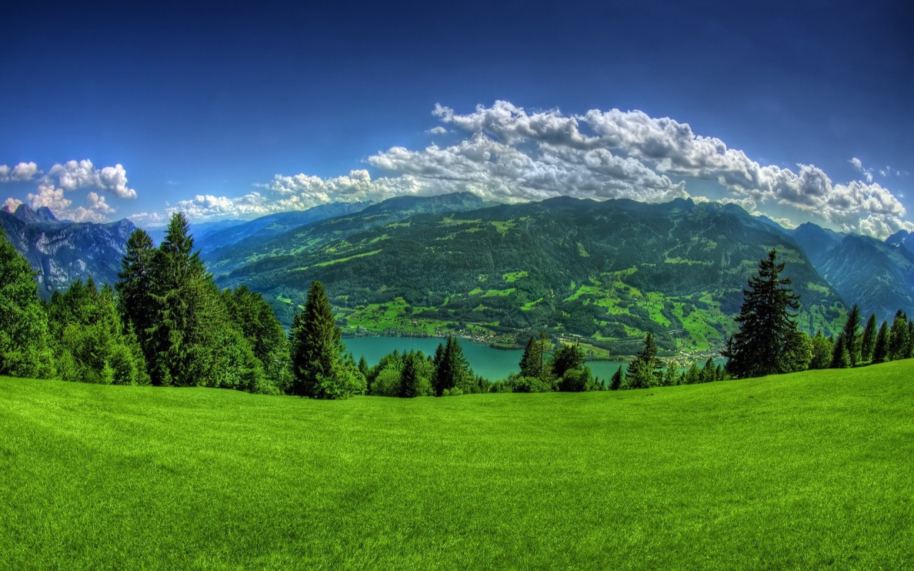 Живописные  покрытые зеленью горы под красивым небом 
