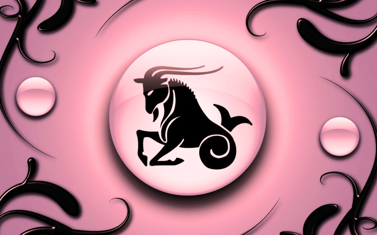 Знак зодиака Козерог на  розовом фоне с чёрным орнаментом 