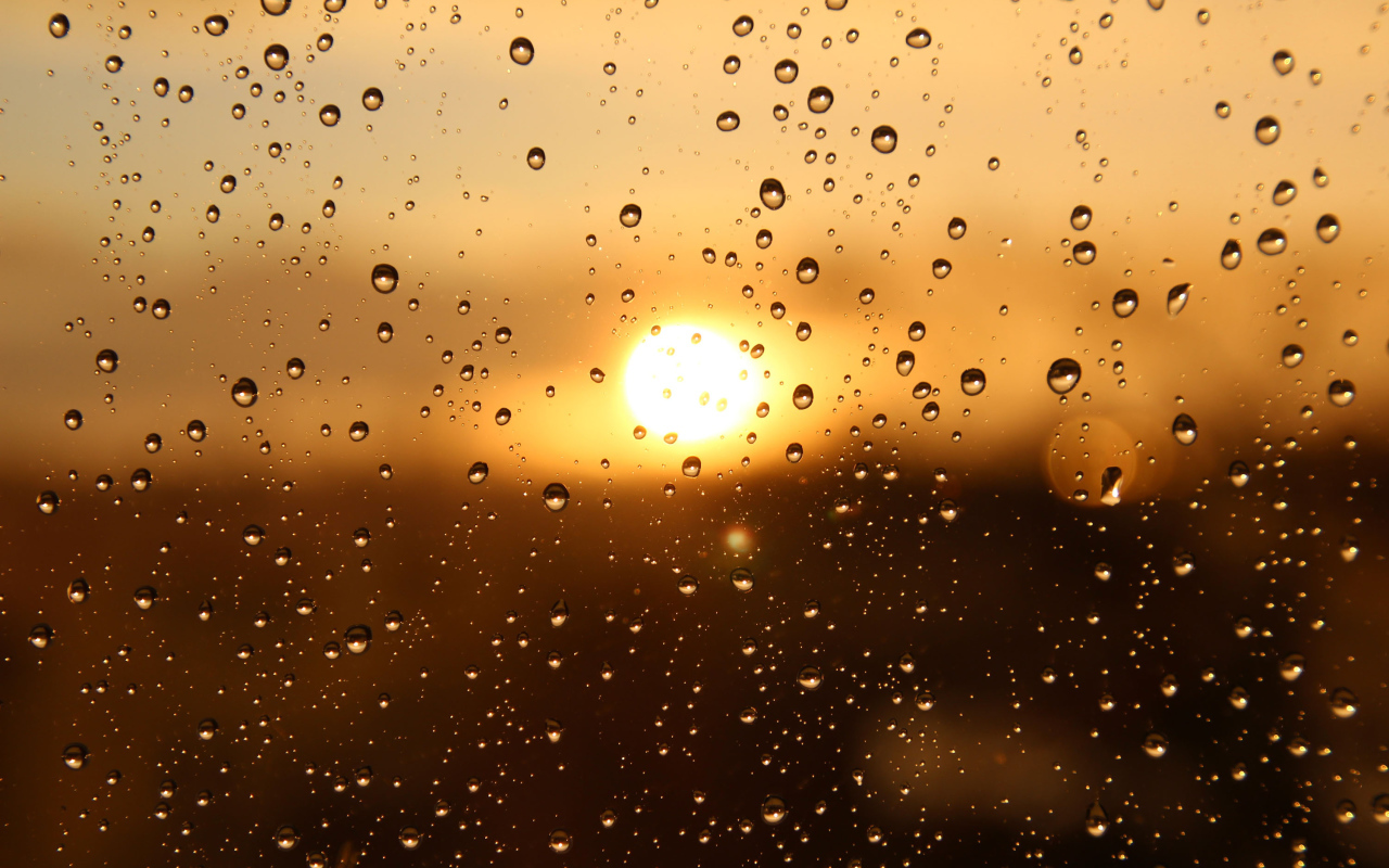 Капли дождя на стекле при свете солнца