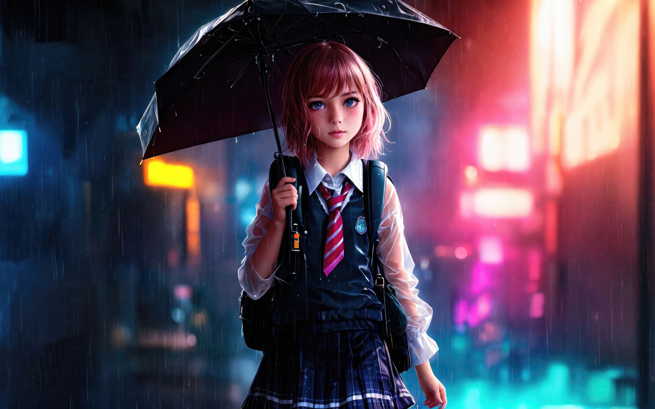 Девочка аниме школьница под зонтом