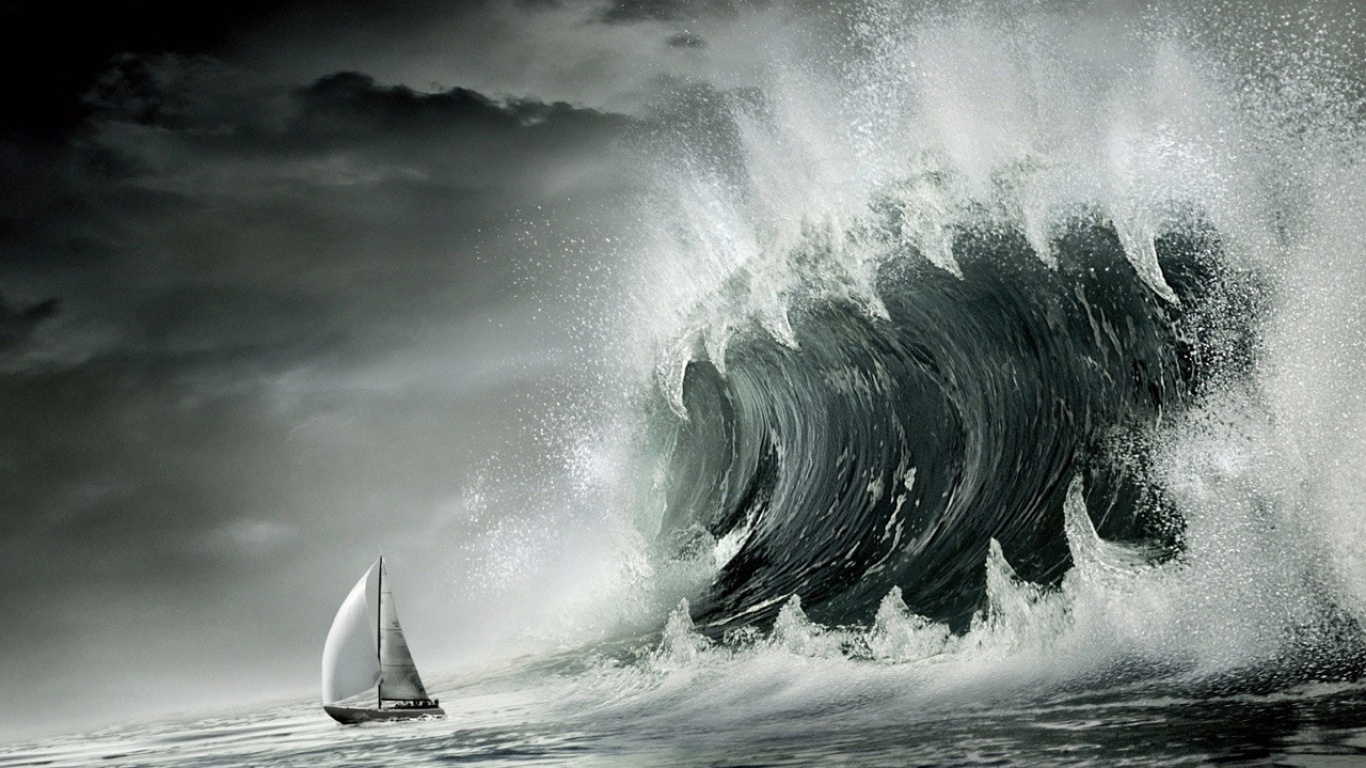 Корабль и волна цунами