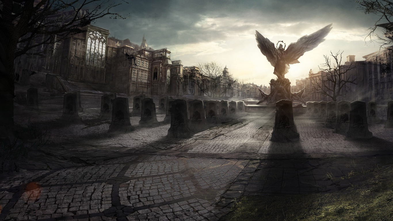 Статуя ангела в разрушенном городе