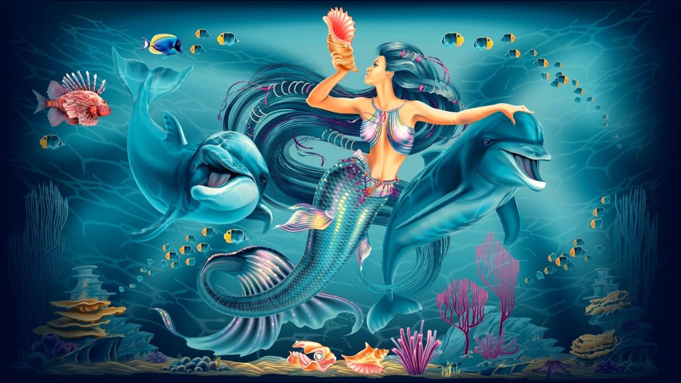 	  Mermaid with dolphins