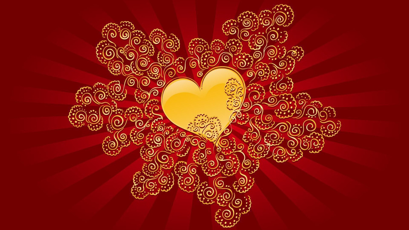 Золотое сердце в орнаменте на День Святого Валентина 14 февраля