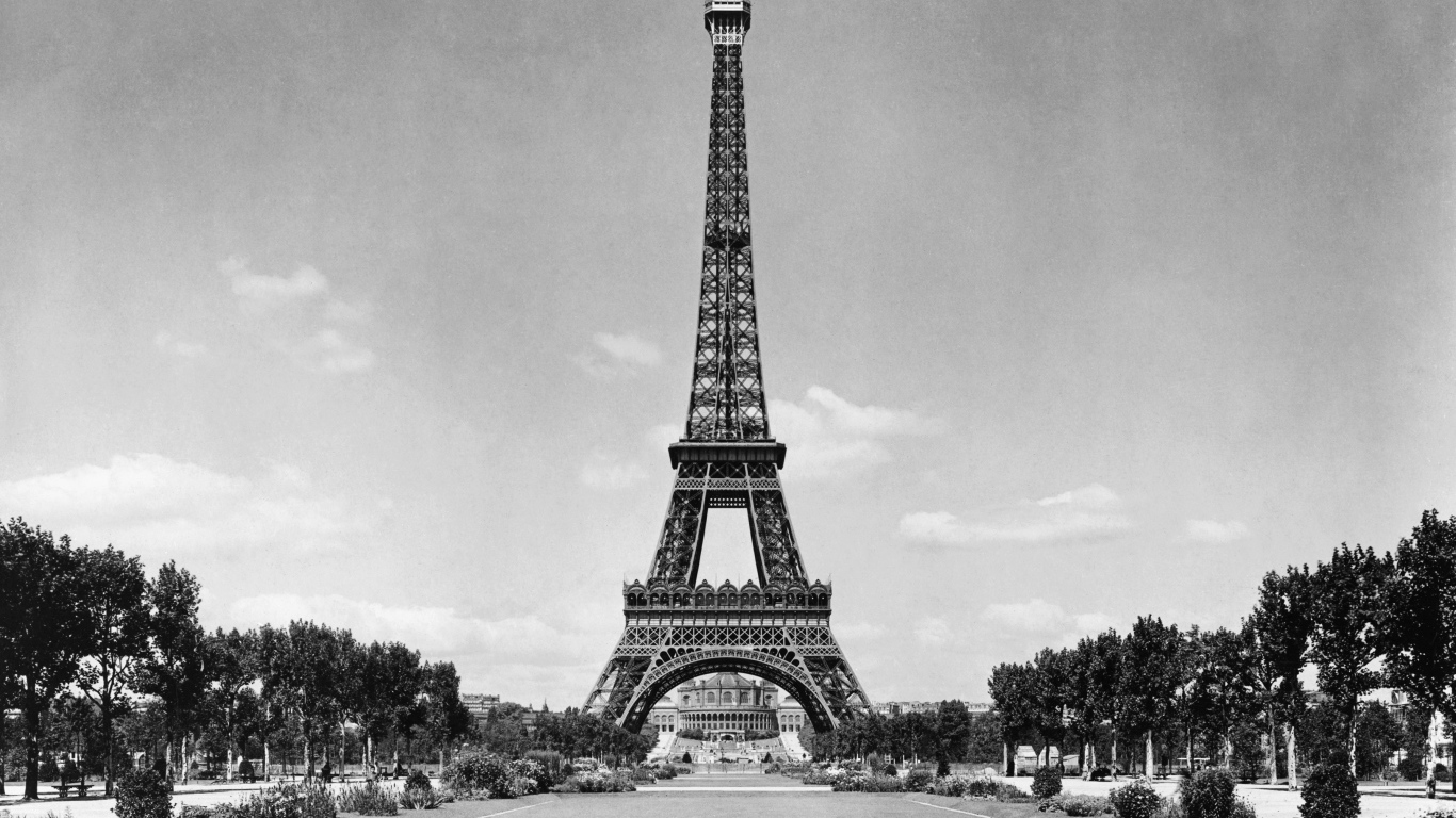 The Eiffel Tower and the park, black and white photo Desktop wallpapers