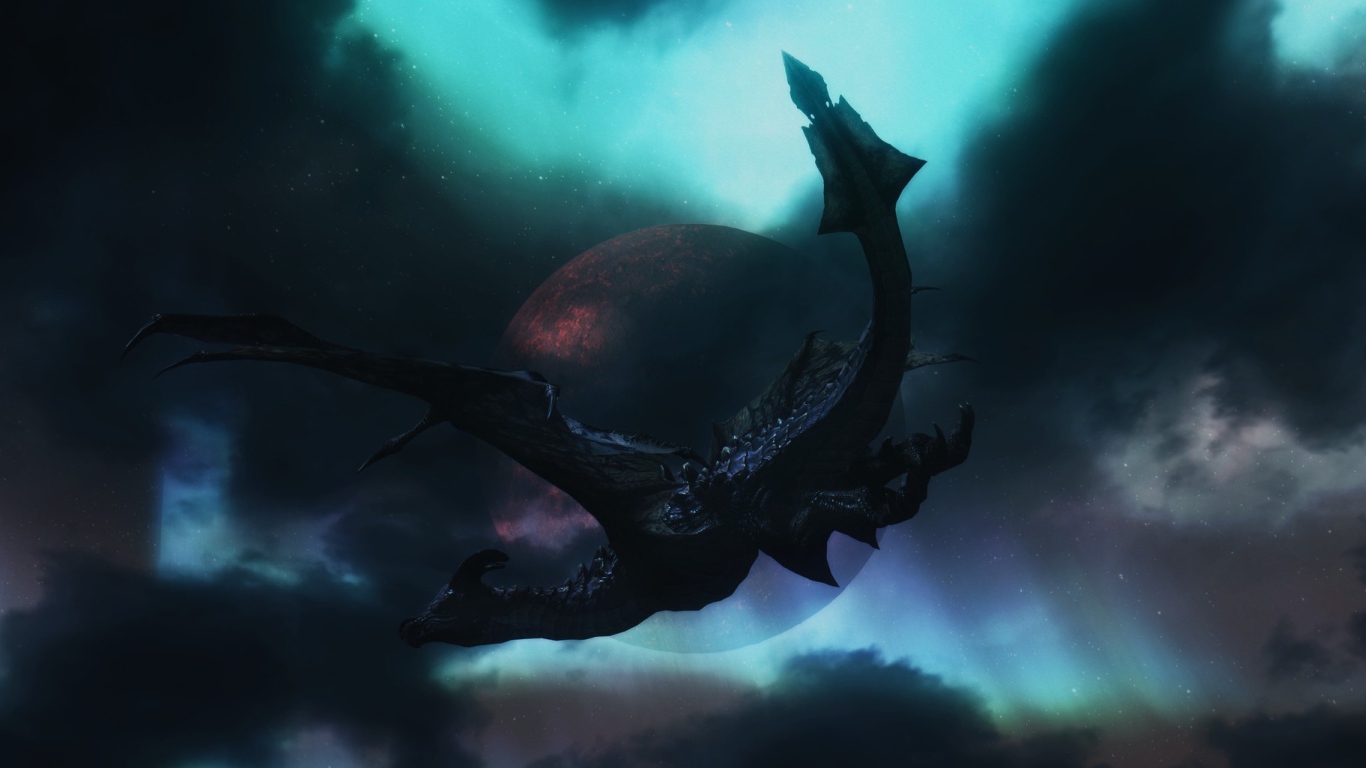 Черный дракон на фоне планеты в игре The Elder Scrolls V Skyrim