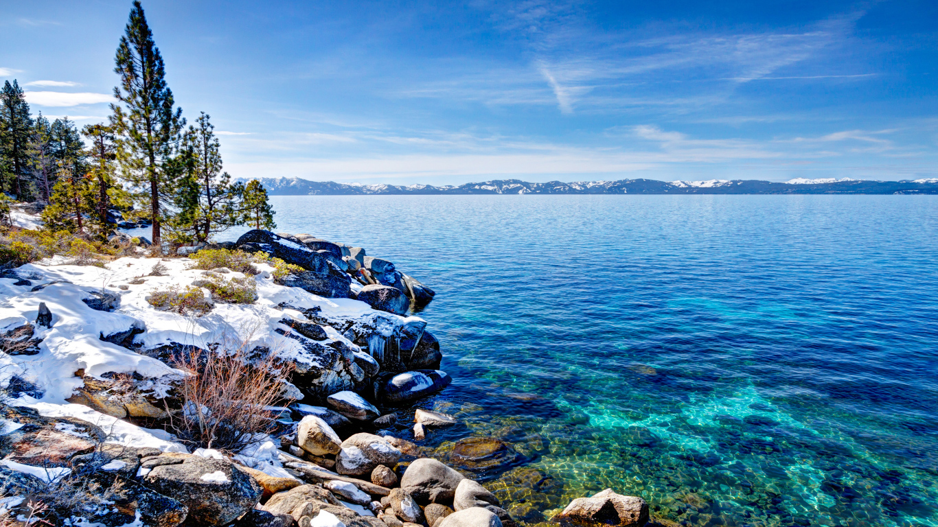 Чистая вода в озере Тахо с покрытыми снегом берегами, США