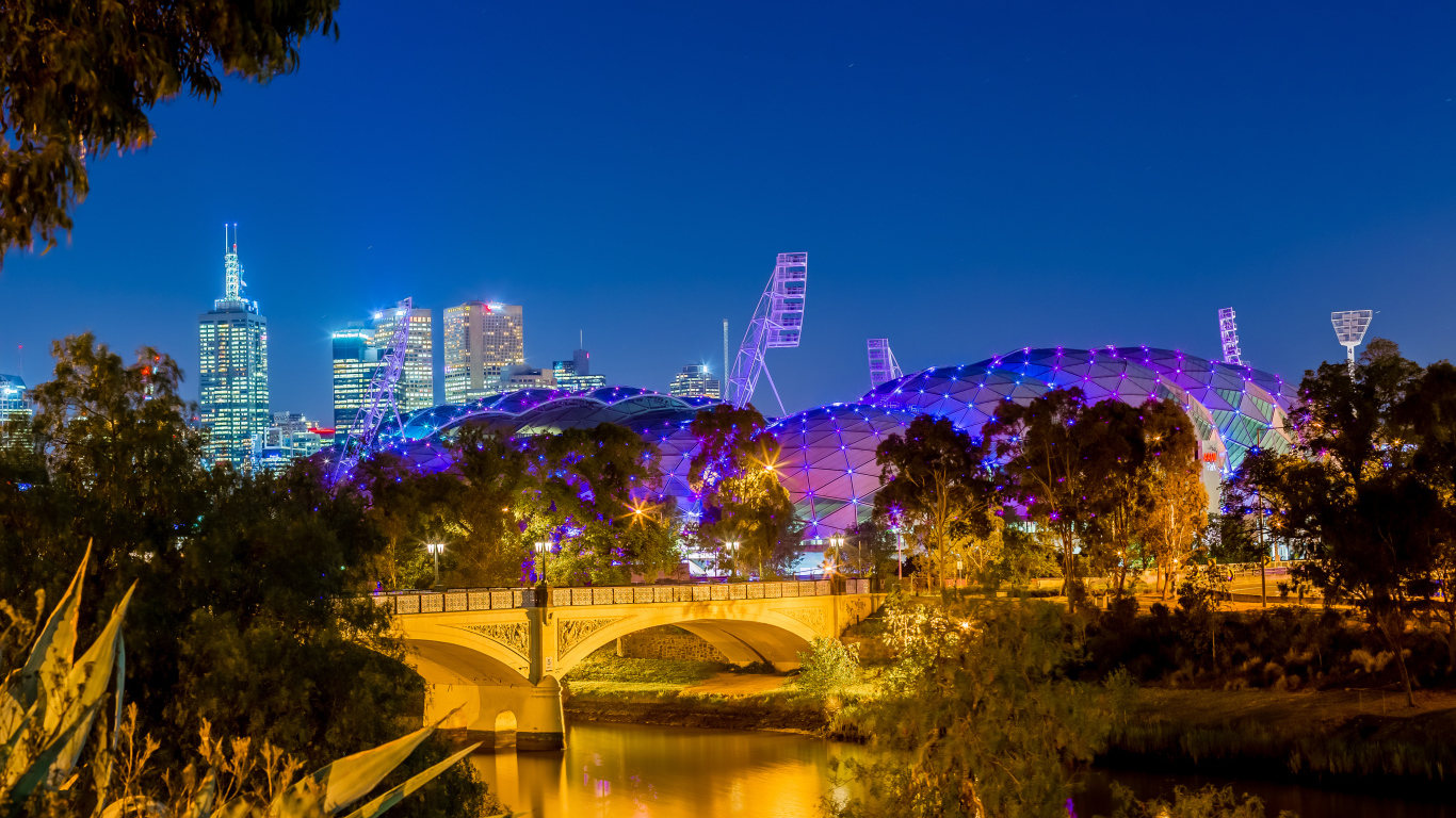 Красивые ночные здания у реки город Мельбурн. Австралия