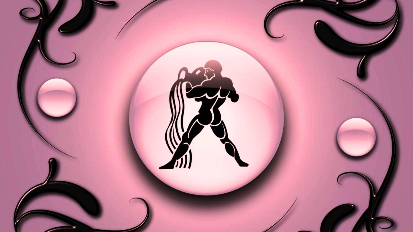Знак зодиака Водолей на  розовом фоне с чёрным орнаментом 