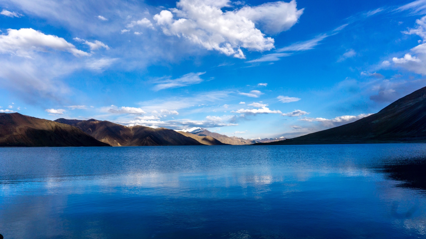 Красивая панорама горного озера под голубым небом