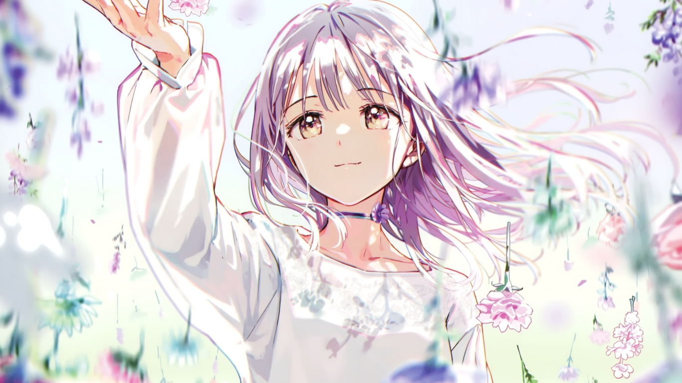 Девушка аниме ловит падающие цветы