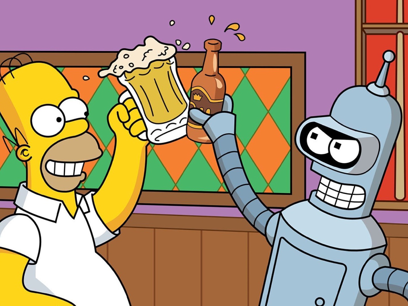 Simpson and Bender drink beer