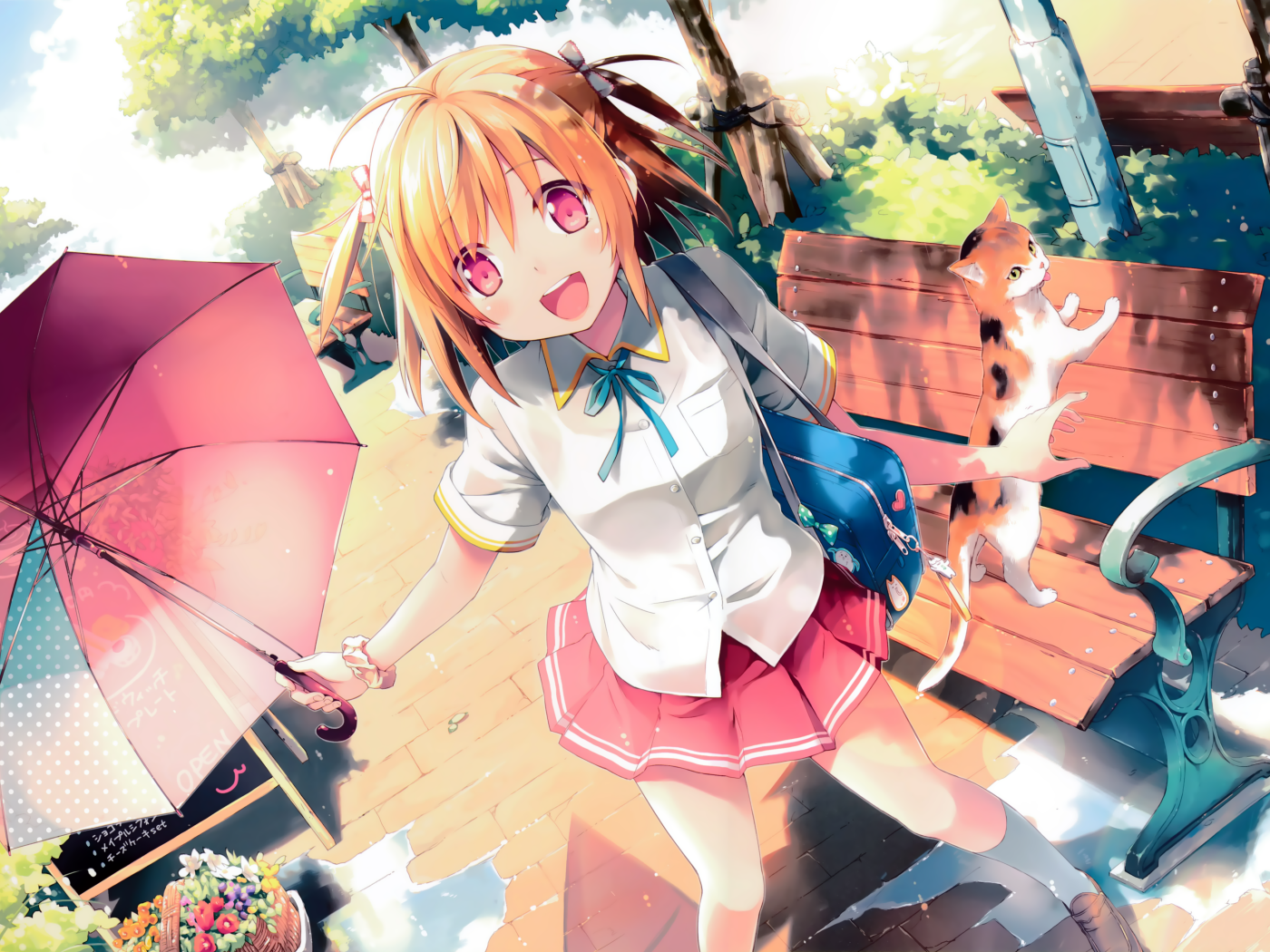 Веселая девушка аниме с розовым зонтом
