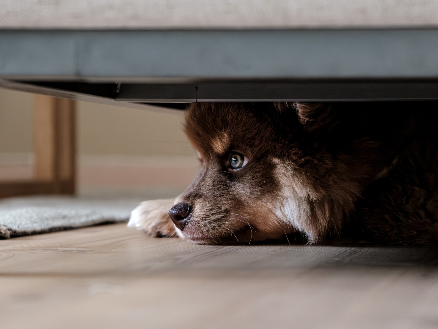 Щенок породы Финский лаппхунд прячется под кроватью