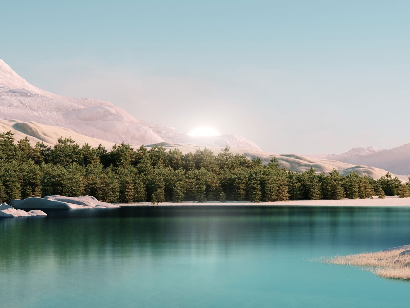 Лес у озера с голубой водой в горах