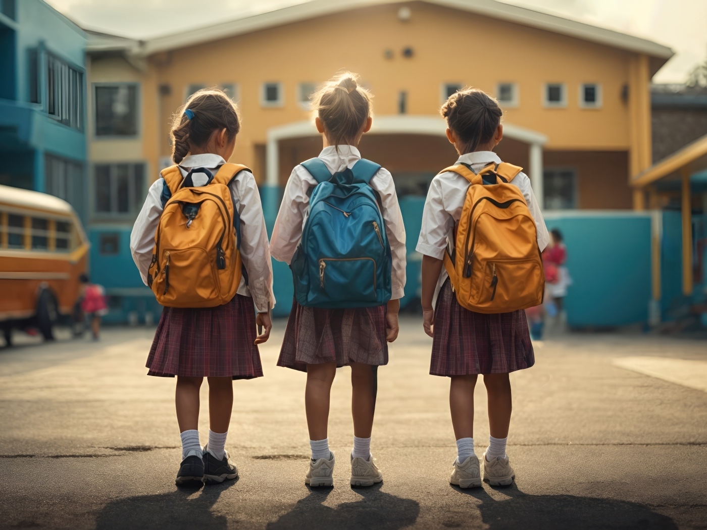 Три маленькие девочки школьницы с рюкзаками
