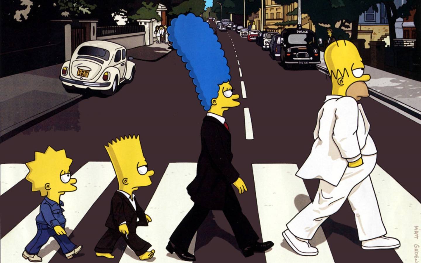 Семья Симпсонов в костюмах переходит дорогу