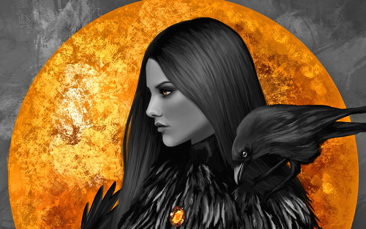Девушка с желтыми глазами и вороном на плече на фоне большой луны 