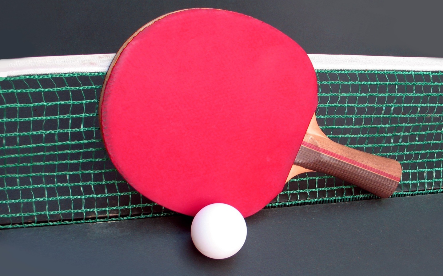 Красная ракетка для настольного тенниса у сетки 