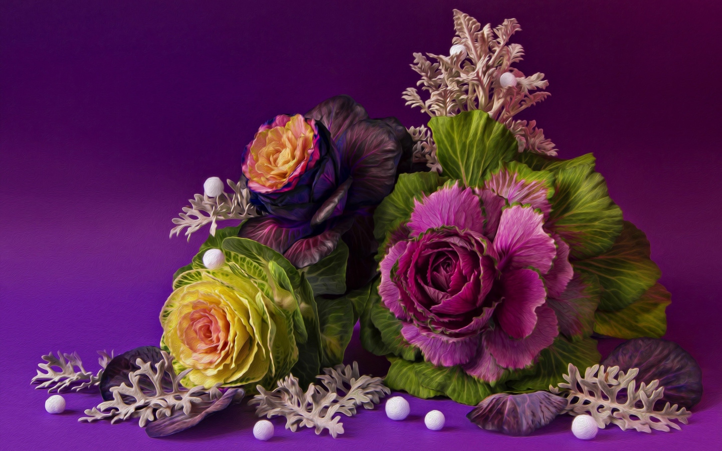 Цветы декоративной капусты на фиолетовом фоне, фрактальный рисунок