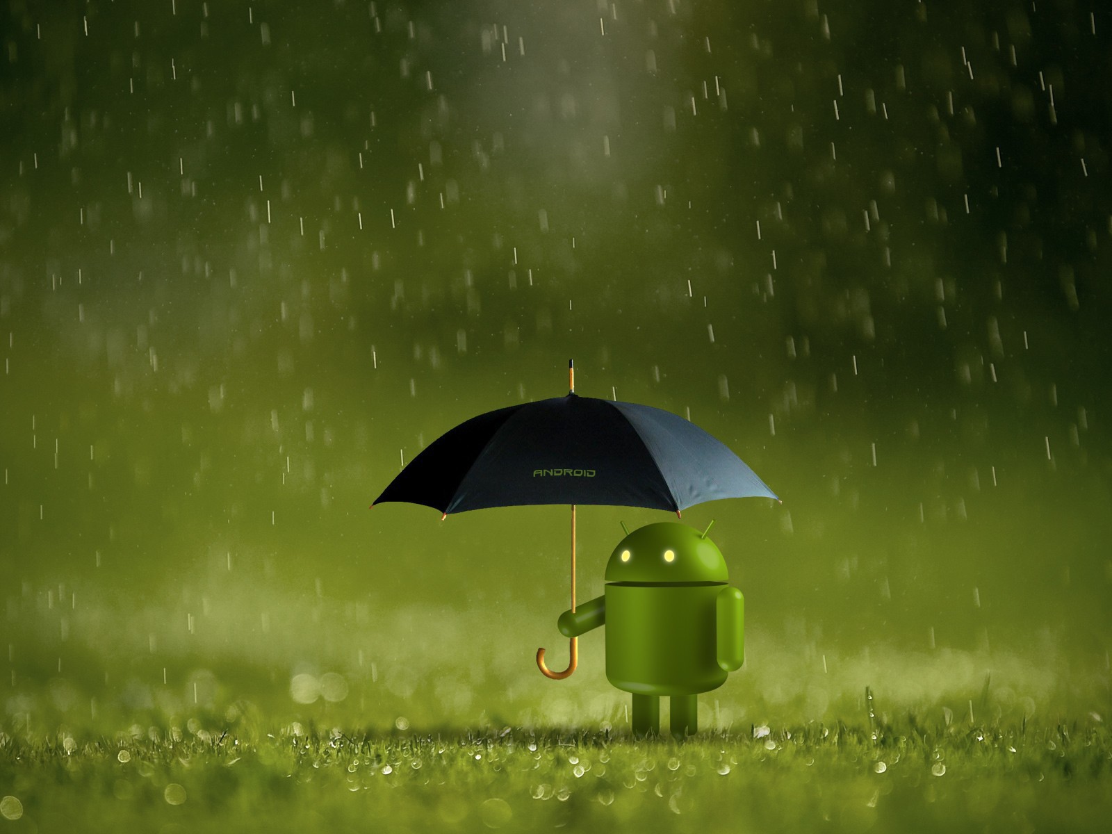 Андроид прячется от дождя под зонтом