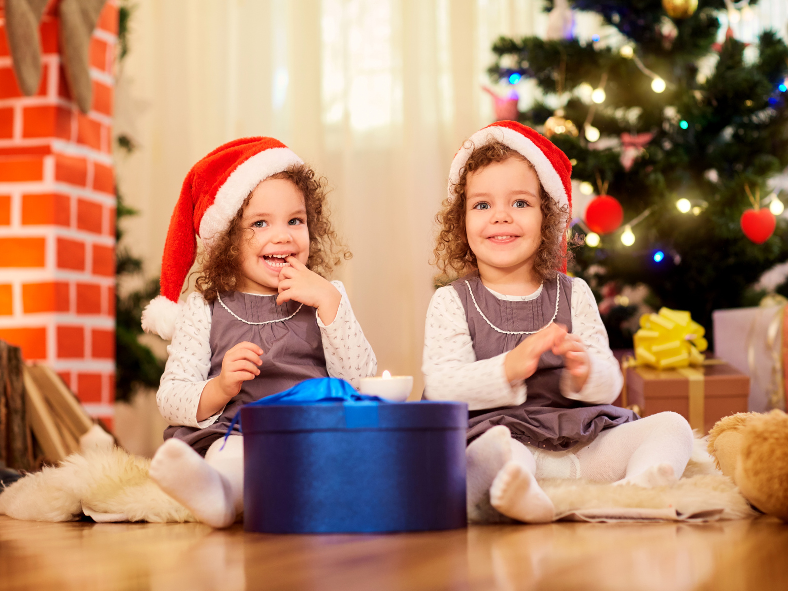 Two smiling girls twins with a Christmas present under the Christmas tree