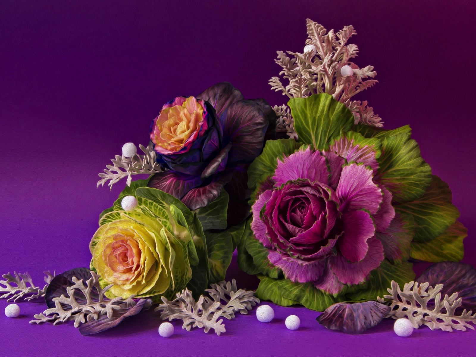 Flowers of decorative cabbage on a violet background, fractal pattern