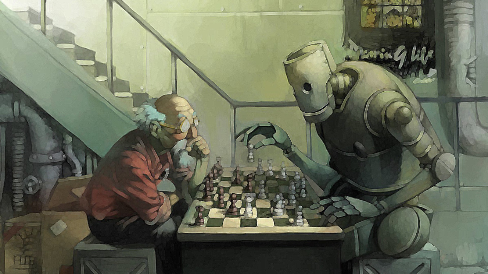 Робот играет в шахматы с пожилым мужчиной