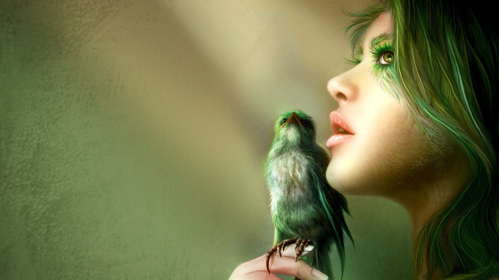 Птица на руке зеленоволосой девушки