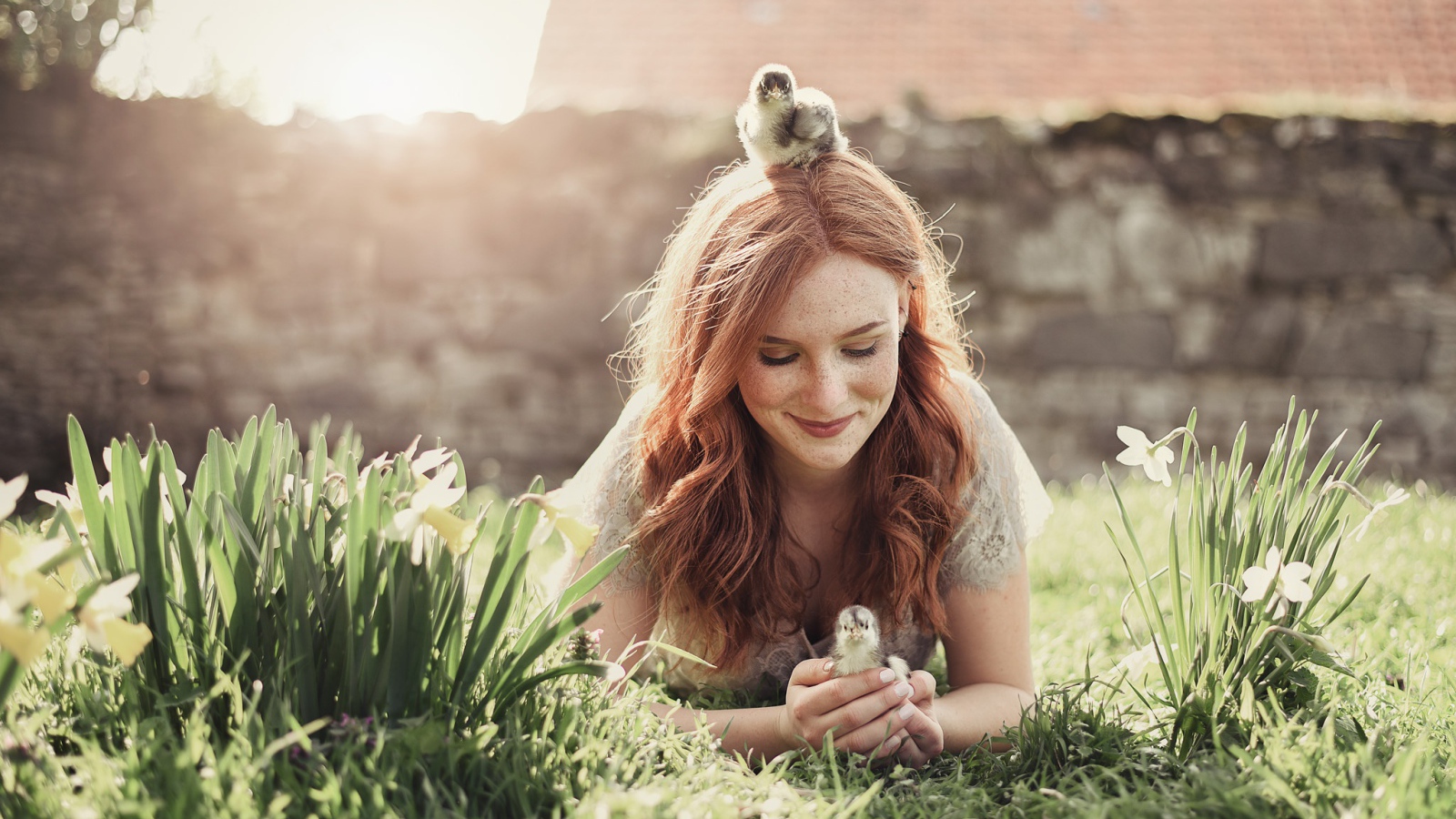 Красивая рыжеволосая девушка с маленькими цыплятами  