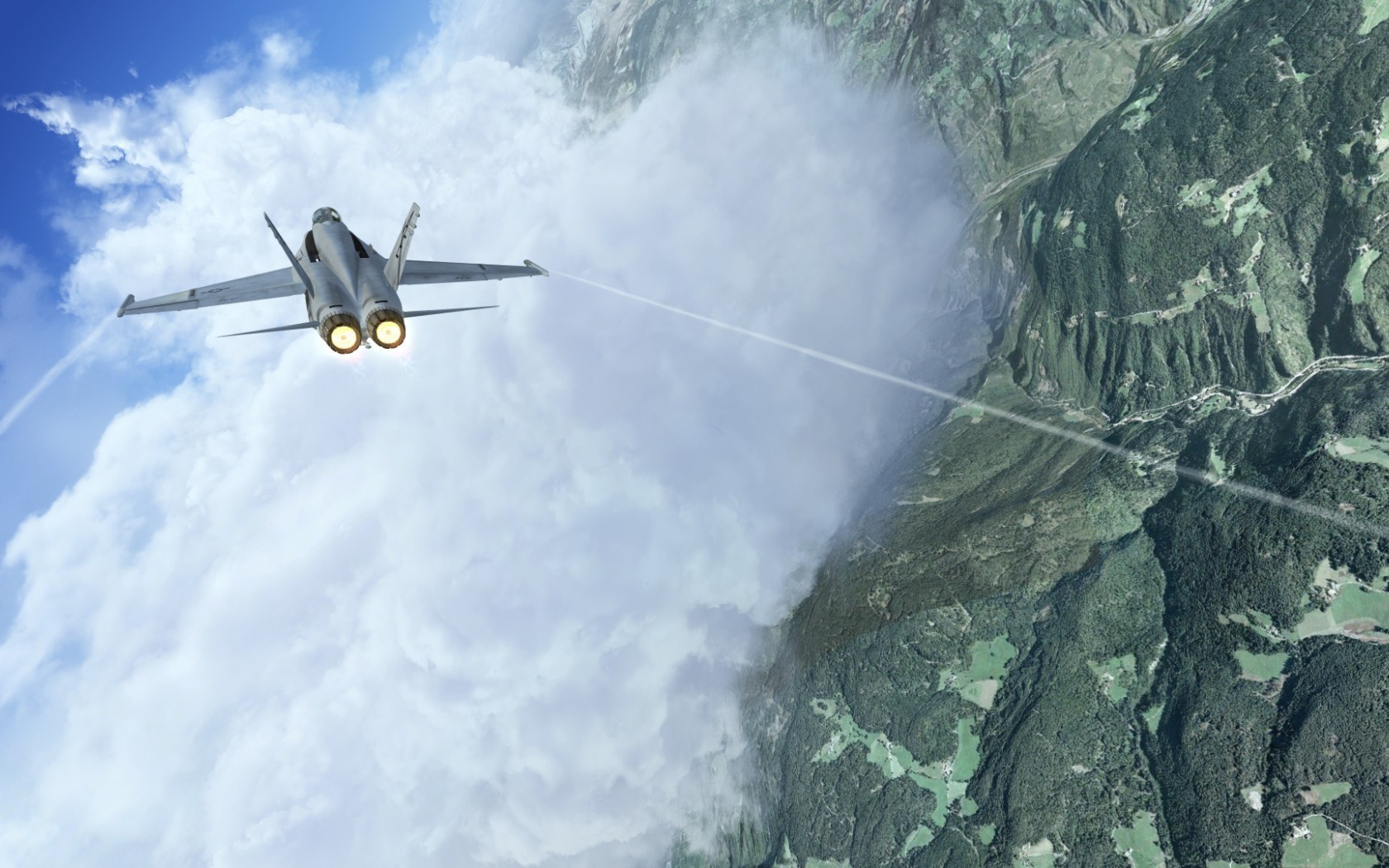 Истребитель летит сквозь облако в горах