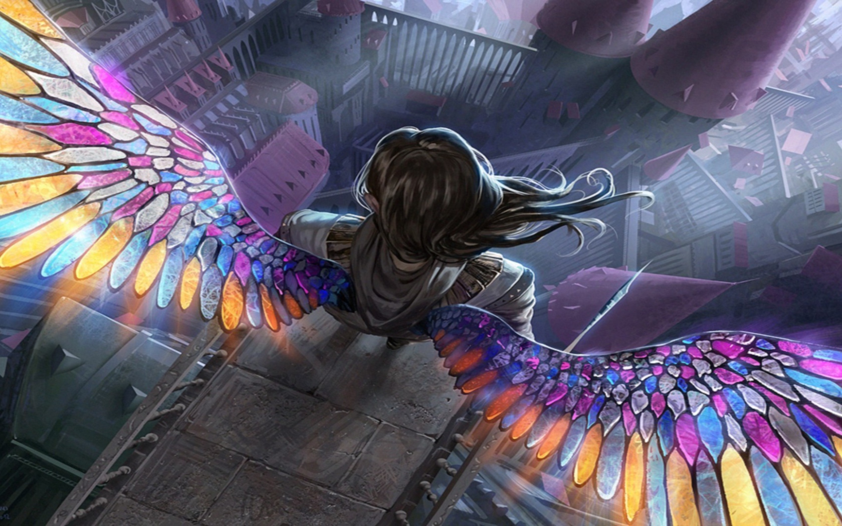 Ангел с радужными крыльями на краю