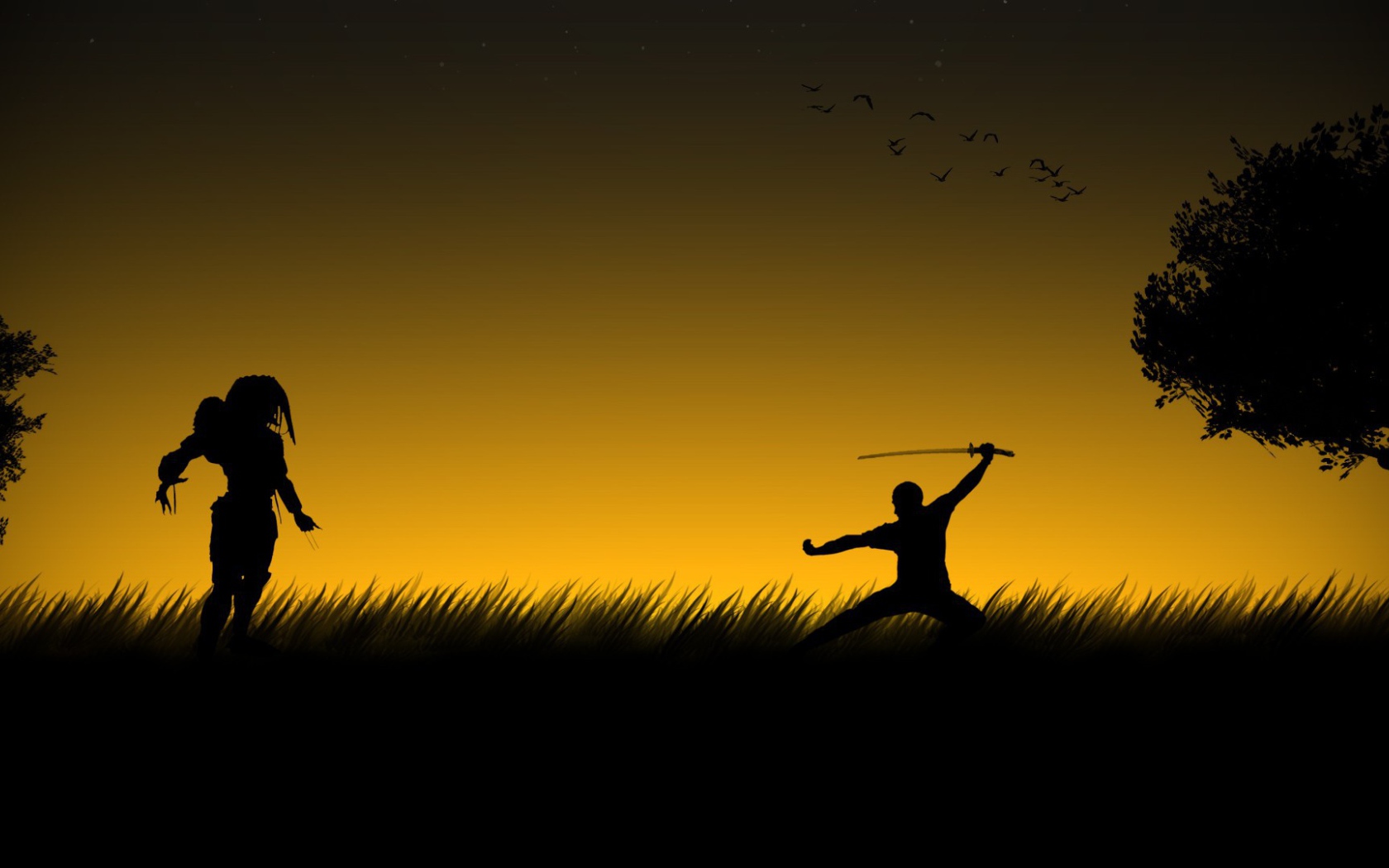Хищник и Чужой в поле на закате