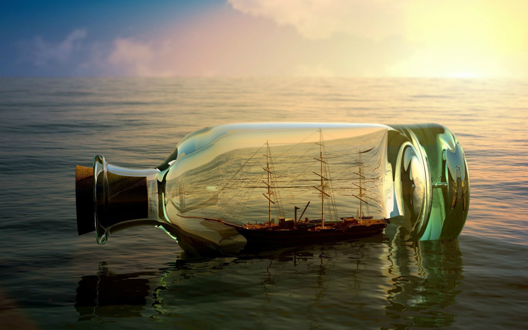 Корабль в бутылке среди моря