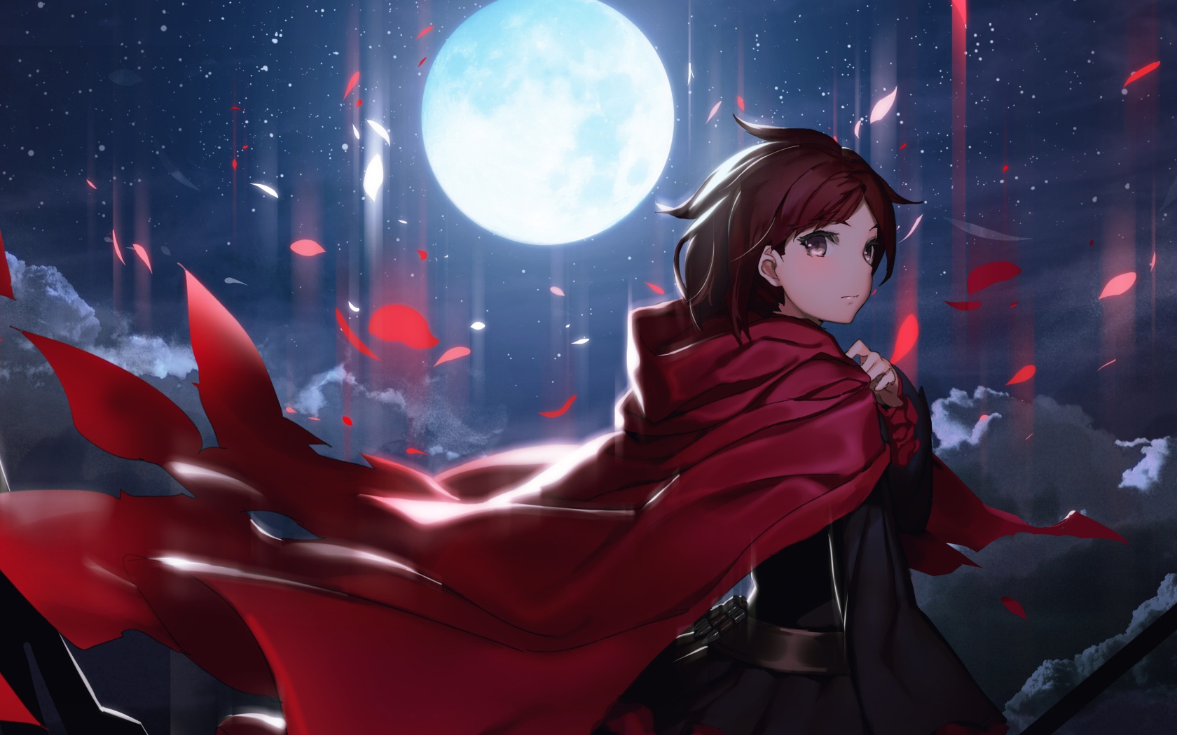 Ruby Rose on a background of the full moon anime RWBY