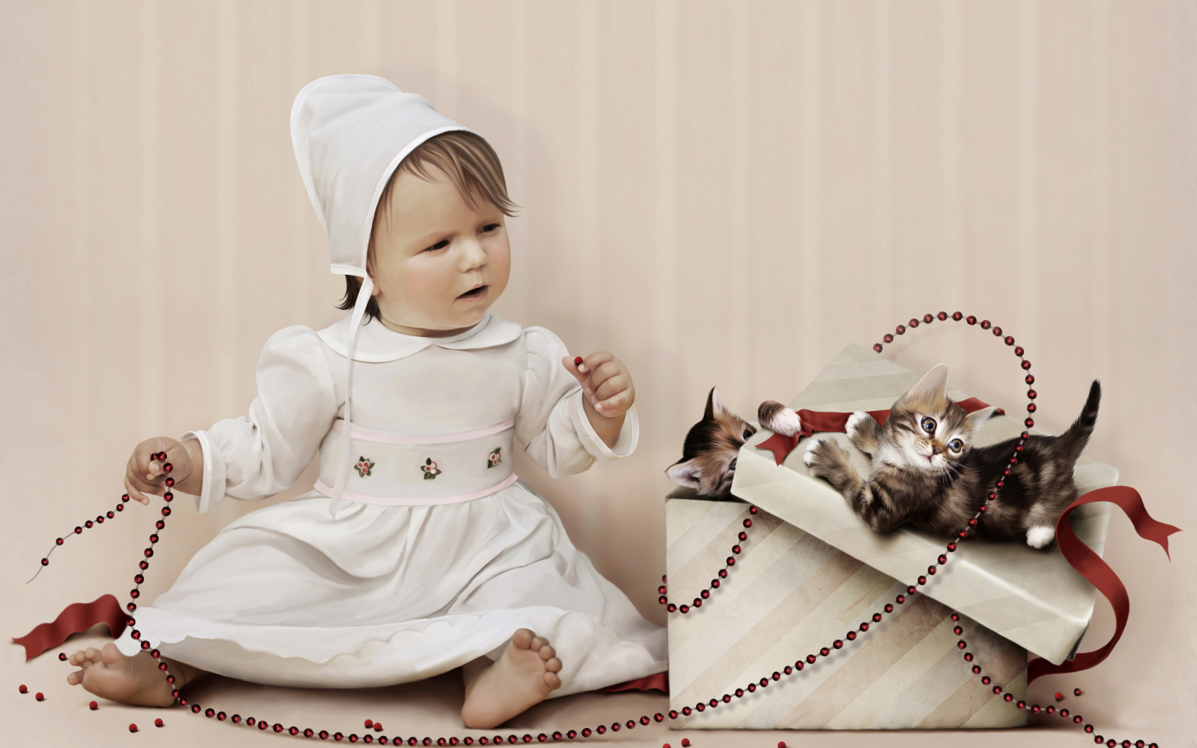 Маленькая девочка в белом платье с коробком с маленькими котятами