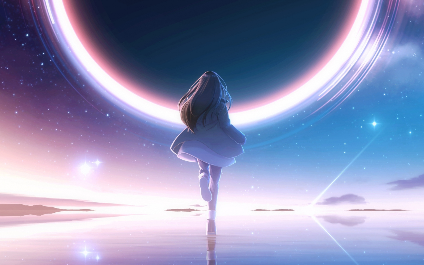 Девушка аниме бежит к яркому кругу в небе