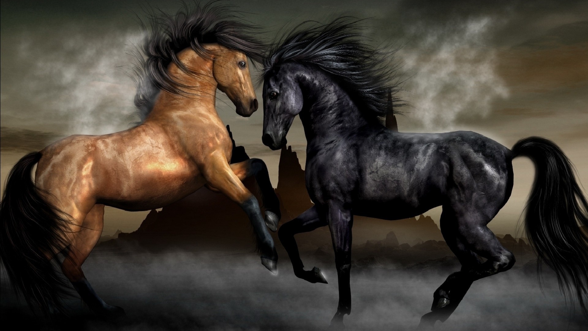 Две лошади черная и коричневая