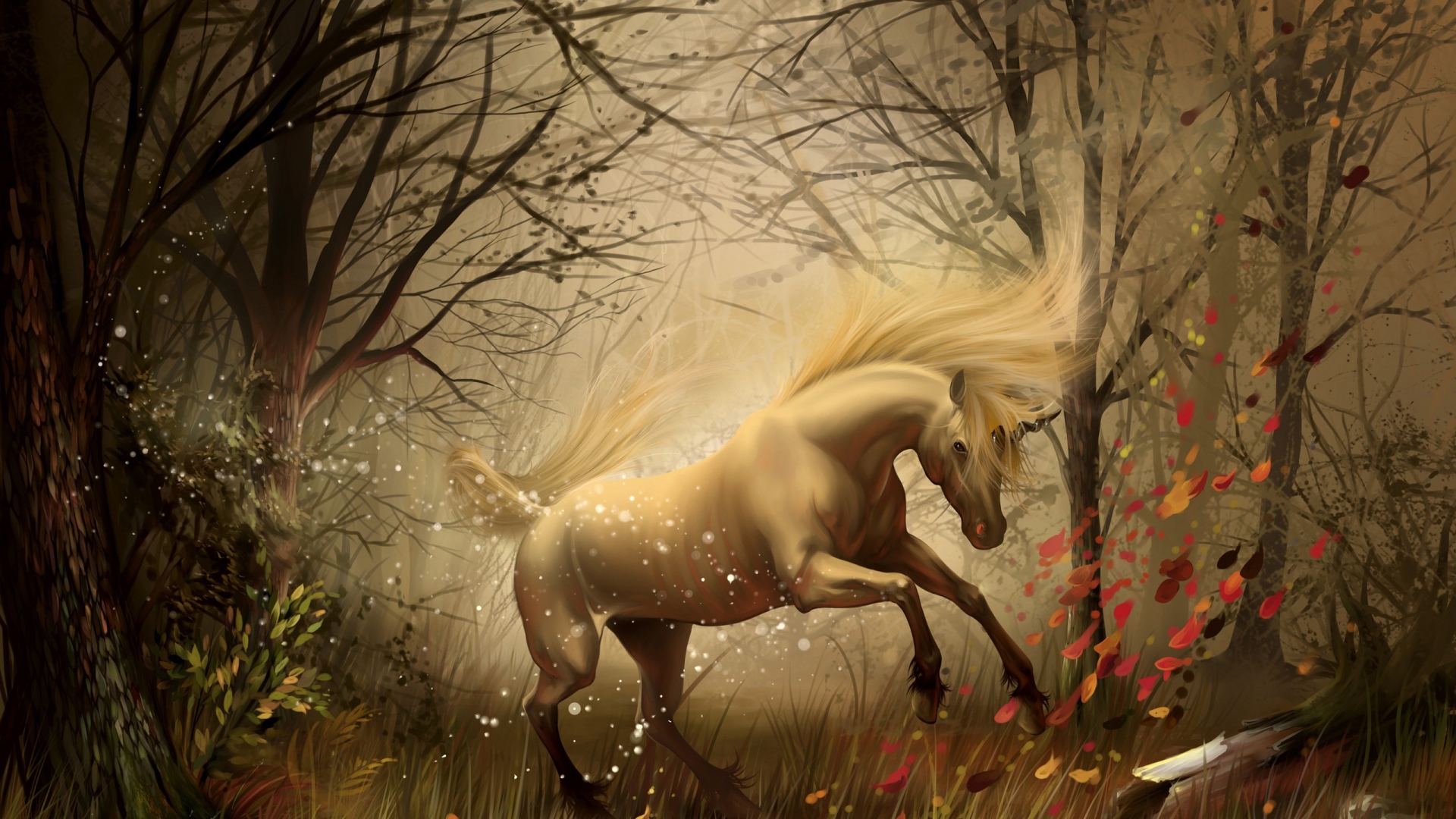 Лошадь играет в осеннем лесу