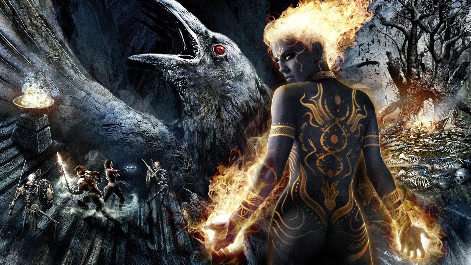 Девушка и ворон в игре Dungeon Siege III