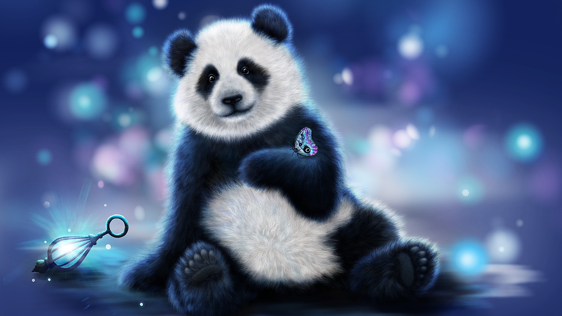 Нарисованный медведь панда с бабочкой на лапе