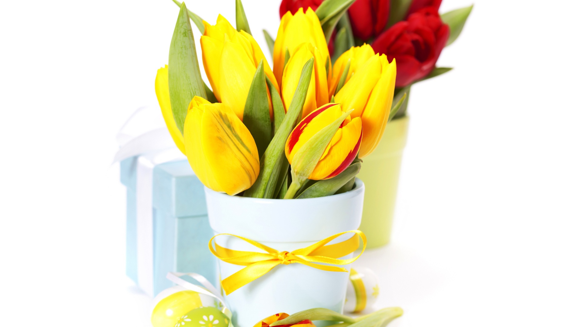 Букет красных и желтых тюльпанов на белом фоне на Пасху