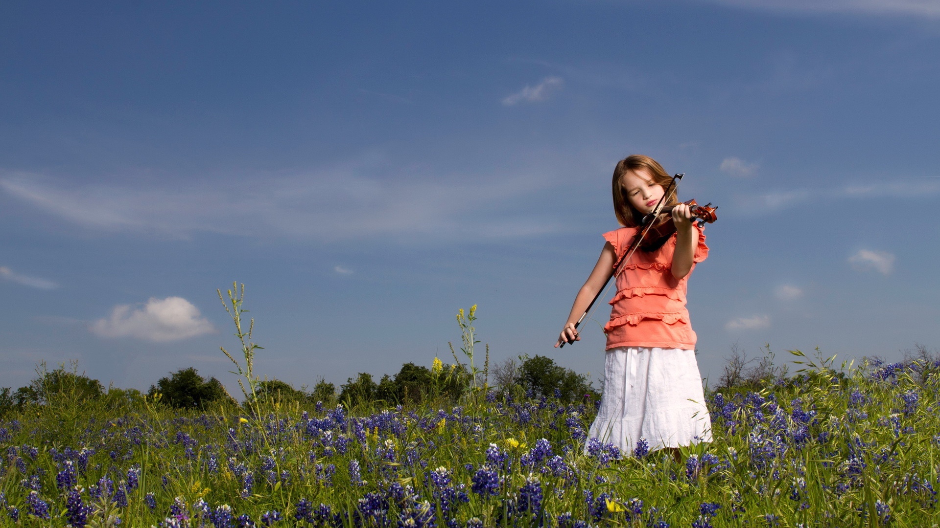 Девочка играет на скрипке на поле с цветами